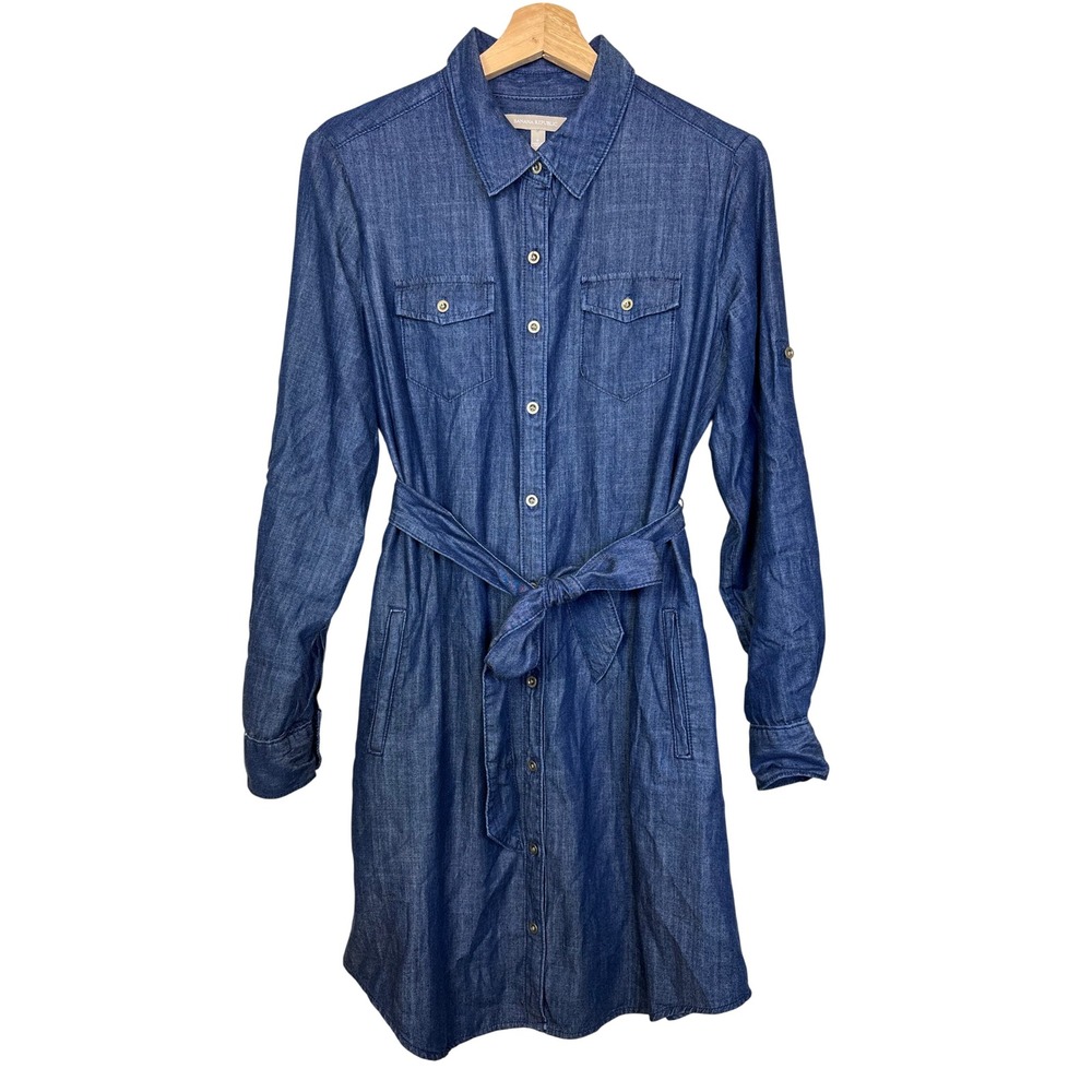 Banana Republic Chambray Belted Shirt Dress 6 Dark Blue Denim Western Preppy